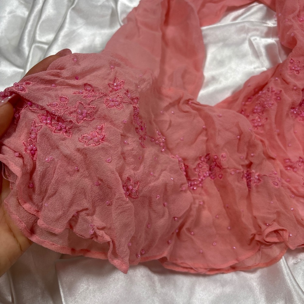 y2k Blouse Pink Excellent Silk Beaded Embroidered Ruffle Bell Sleeve Top - Picture 3 of 7